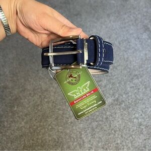 Roger Ximenez Antas NWT Blue Suede Sage Green Stitching Brass Buckle Belt, 36